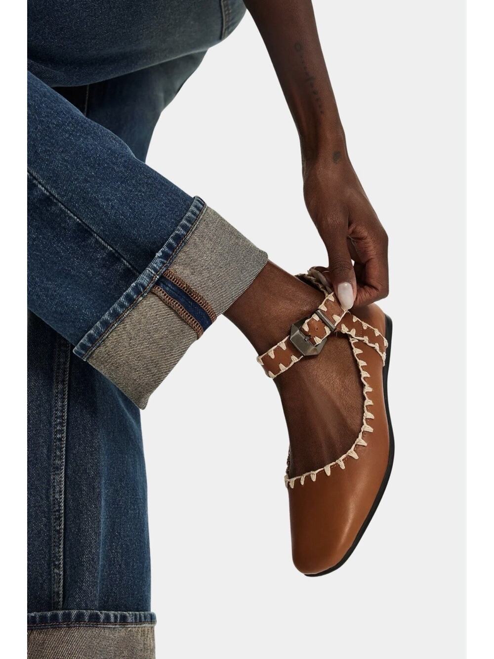 NIB Free People Mystic Mary Jane Buckle Flat Tan Leather ivory Crochet Trim 8